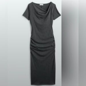 MICHAEL STARS Dress Medium Gray Knit Short Sleeve Ruched Sides Draped Neck